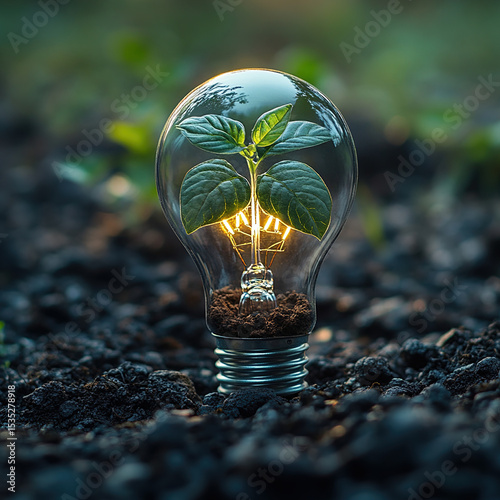 A light bulb with a plant growing out of it, symbolizing environmental light and green energy, the harmony between nature and sustainable energy.