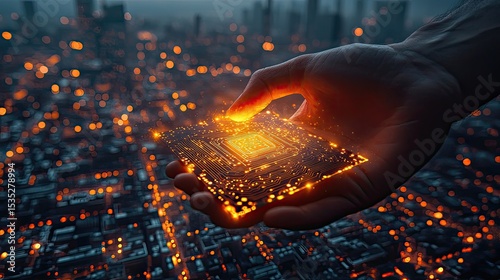 Hand holding glowing circuit board over cityscape