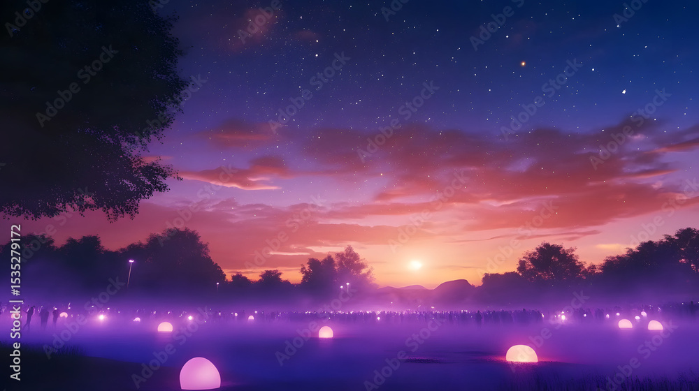 Fototapeta premium A dreamy night scene at Bonnaroo Music and Arts Festival where a massive crowd sways under a starlit sky. Psychedelic visuals burst across LED screens as the main stage glows in purples and oranges.