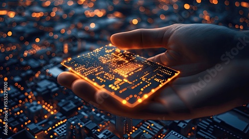 Hand holding glowing circuit board over cityscape