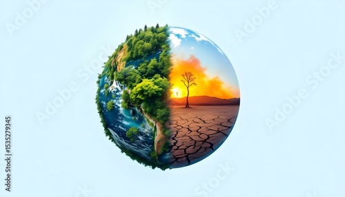 Fototapeta Naklejka Na Ścianę i Meble -  Half green and half burning planet Earth with trees clouds fire and cracked ground showing climate crisis