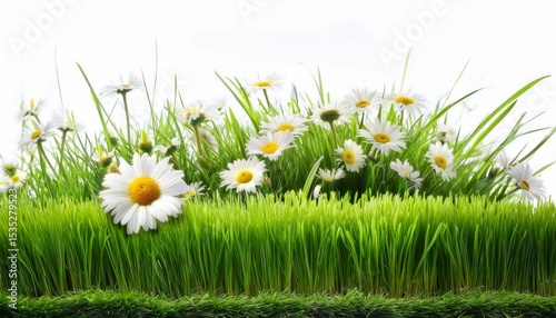 real bright fresh green grass cut lawn edge with longer grass and daisy flowers behind in a spring and summer garden isolated against a white background