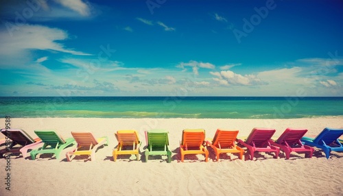 panorama of colorful lounge chairs at a tropical paradise beach in miami florida desaturated vintage instagram filter for retro looks