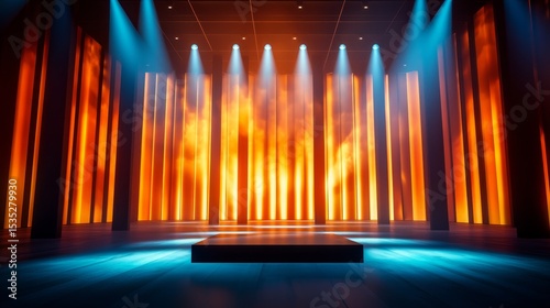 Illuminated Elegance: A Vibrant Stage with Ornate Decorations and Spotlights for Events and Presentations. Vibrant Stage with Colorful Spotlights and Decorative Elements.