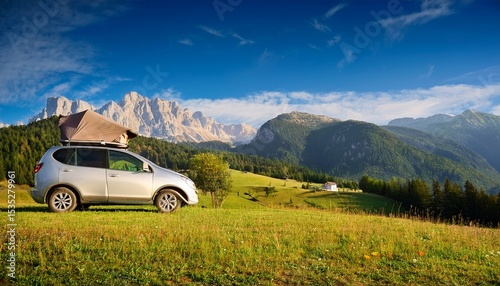 italy austria car with tent on roof in mountain landscape