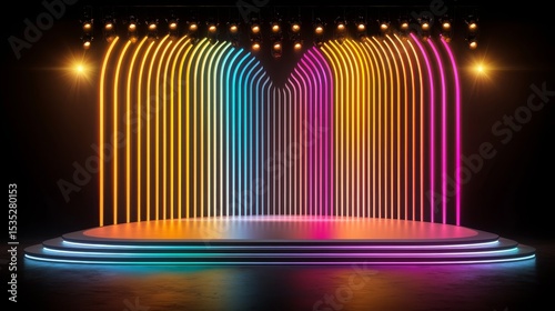Vibrant Event Stage with Colorful Spotlights and Intricate Design for Live Performances and Business Presentations. Vibrant Stage with Colorful Spotlights and Decorative Elements.