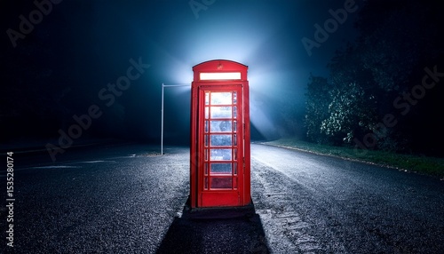 illuminated red telephone booth glowing in the midst of an empty asphalt street casting an eerie light in the dark night