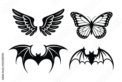 Set of four black and white wing illustrations including angelic, butterfly, and demonic styles – isolated graphic elements for creative design projects
