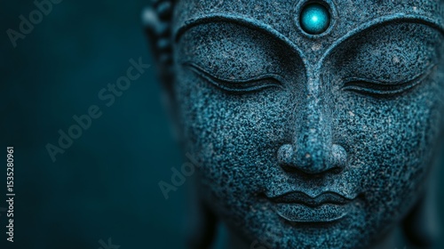 The power of the third eye of the universe is awakening. Enlightened Ancient Statue with Glowing Third Eye Symbolizing Spiritual Wisdom and Divine Power
