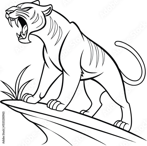 Roaring tiger on a clifftop line art illustration
