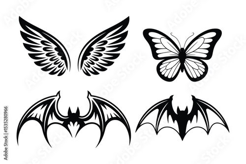 Set of four black and white wing illustrations including angelic, butterfly, and demonic styles – isolated graphic elements for creative design projects
