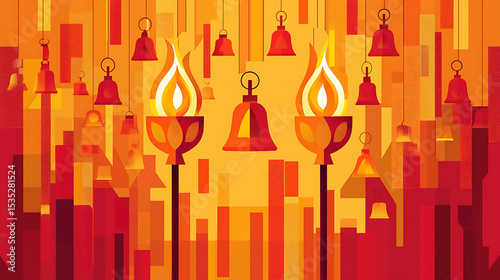A vibrant stylized illustration featuring fiery torches and hanging bells, set against a rich, multi-toned background of oranges and reds.