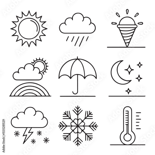"Weather and Seasonal Icon Set – Sun, Cloud, Rain, Umbrella, Ice Cream, Snowflake, Moon,