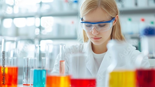 Young Scientist in Laboratory Conducting Innovative Research with Colorful Chemical Solutions and Glass Equipment