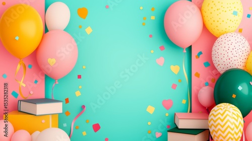 Joyful School Celebration with Books, Balloons, and Ribbons