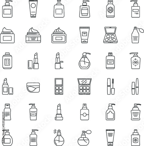 Beauty Product Outline Vector Icons Set - Minimalist Flat Design for Skincare & Makeup