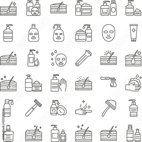 Skincare & Sun Protection Line Art Icons Set - Minimalist Beauty & Wellness Symbols