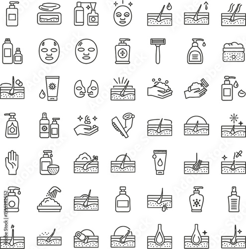 Skincare & Sun Protection Line Art Icons Set - Minimalist Beauty & Wellness Symbols