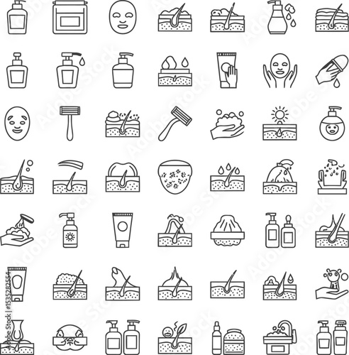 Skincare & Sun Protection Line Art Icons Set - Minimalist Beauty & Wellness Symbols