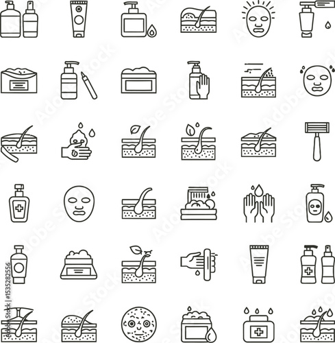 Skincare & Sun Protection Line Art Icons Set - Minimalist Beauty & Wellness Symbols