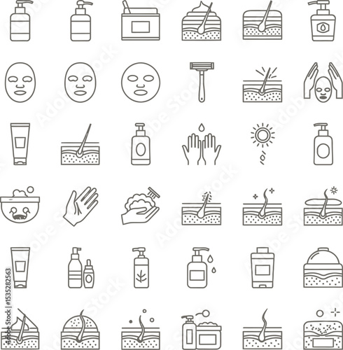 Skincare & Sun Protection Line Art Icons Set - Minimalist Beauty & Wellness Symbols