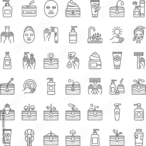 Skincare & Sun Protection Line Art Icons Set - Minimalist Beauty & Wellness Symbols