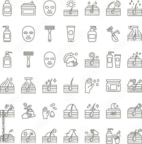 Skincare & Sun Protection Line Art Icons Set - Minimalist Beauty & Wellness Symbols