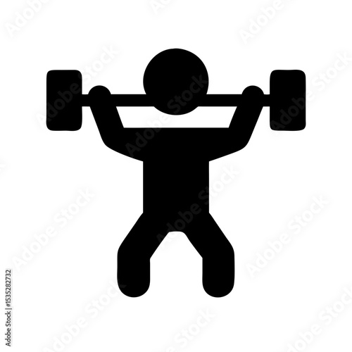 Barbell Weightlifter Silhouette Icon: Black silhouette of a person lifting a barbell, suitable for gym branding, fitness illustrations, or powerlifting event posters.