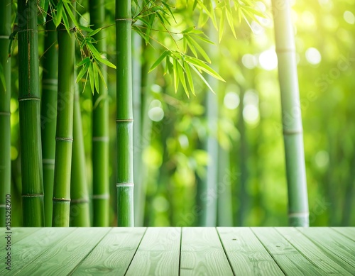 Lush bamboo grove with a wooden surface photo