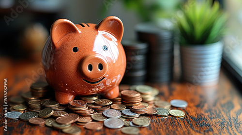 A piggy bank sits atop a mound of coins, smart money management, the essence of financial success and the power of saving.