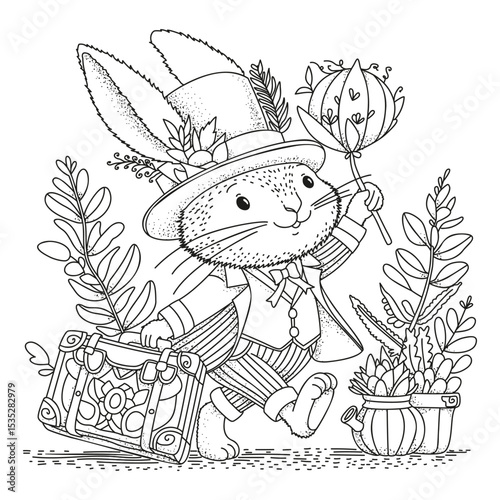A cheerful rabbit with a suitcase walks holding a flower in his paws. Coloring page for children and adults. Illustration for coloring.