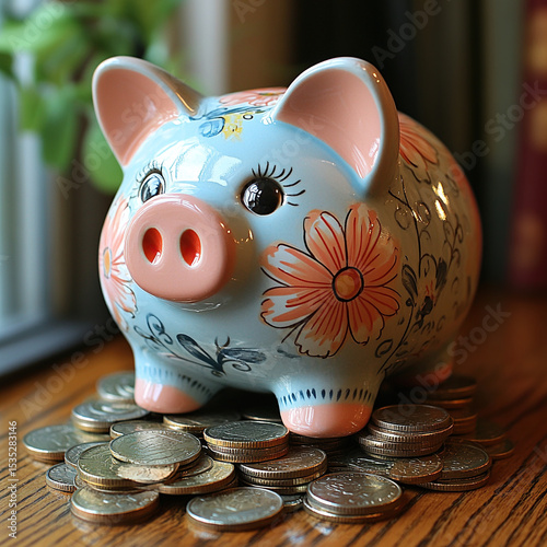 A piggy bank sits atop a mound of coins, smart money management, the essence of financial success and the power of saving.