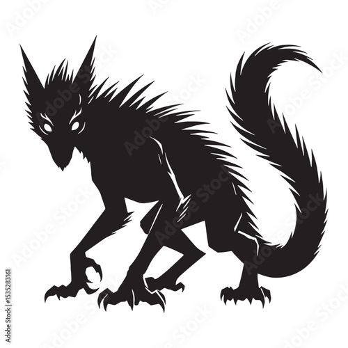 Darkened chupacabra, cryptic predator, depiction outline, looking ready for trouble - chupacabra silhouette - chupacabra vector - silhouette of chupacabra - Chupacabra illustration
