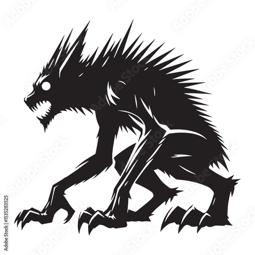 Terrifying shadowy chupacabra, strange beast, graphic vector, displaying its spines and teeth - chupacabra silhouette - chupacabra vector - silhouette of chupacabra

