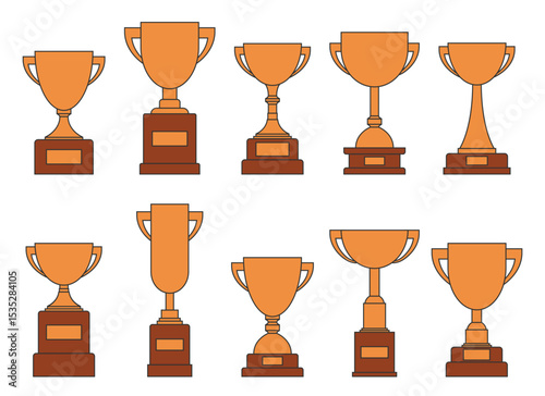 A collection of ten assorted trophies of varying shapes and sizes are displayed against a white backdrop, they each sit upon bases, and some appear taller.