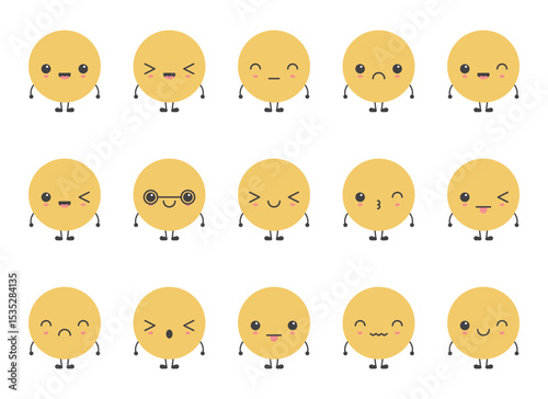 A delightful collection of cartoon emoji-like faces displaying diverse emotions. Each round character has unique expressions, adding charm and personality to the set.