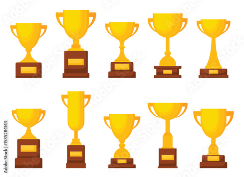 The image showcases a set of golden trophies, each having a unique shape and design, lined up against a clean white background. They appear to be cartoon drawings.
