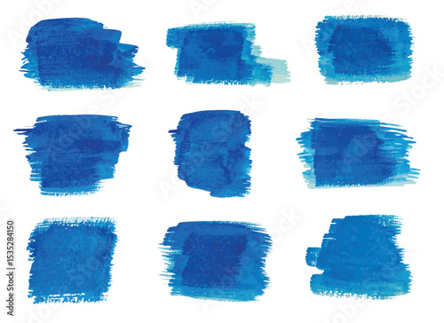 The image displays nine separate blue, watercolor-like paint strokes or shapes arranged on a stark white background, showcasing varied painting techniques. The strokes vary in color density.