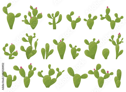 A collection of vibrant green cactus illustrations. Each cactus has unique growth patterns and some have small pink buds. The design is on a plain white backdrop.