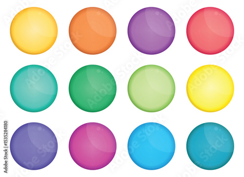A vibrant array of twelve circles presented in a grid. The glossy circles feature a wide range of colors, including yellow, orange, purple, red, green, and blue variations.