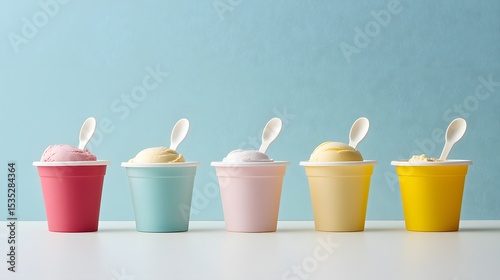 40. Product lineup of single-serve gelato cups with lids removed and spoons