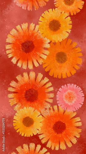 Bright and colorful floral pattern featuring orange and pink flowers on a textured red background