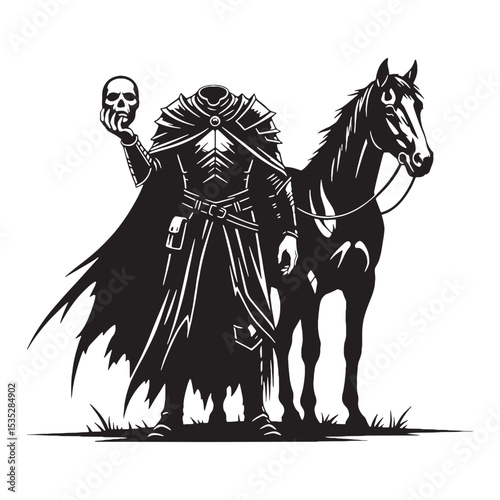 Observe the Classic Mythical Dullahan Vector, Showing His Traditional Look from Irish Tales - dullahan silhouette - dullahan vector - silhouette of dullahan - Dullahan illustration
