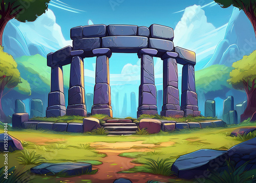ゲーム背景　ストーンヘンジのあるアニメ風風景
