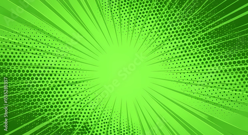 Vibrant green comic book style burst background with halftone dots and speed lines