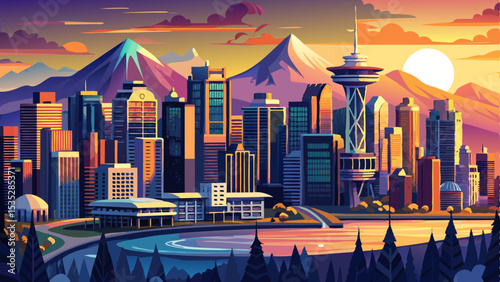 Stunning aerial view of downtown Vancouver skyline at sunset, featuring modern skyscrapers, waterfront buildings, and scenic mountain ranges in the background.