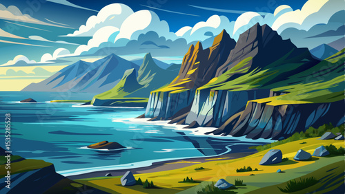Stunning coastline and dramatic landscape in the West Fjords of Iceland, featuring steep cliffs, deep blue ocean waters, and rugged mountain formations under a cloudy sky