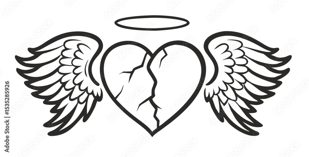 Obraz premium Vector Halo Winged Heart Tattoo Style Illustration Typography with angel wings.