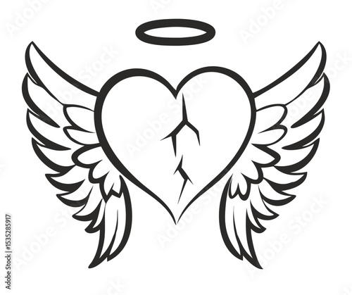 Vector Halo Winged Heart Tattoo Style Illustration Typography with angel wings.