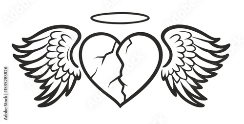 Vector Halo Winged Heart Tattoo Style Illustration Typography with angel wings.